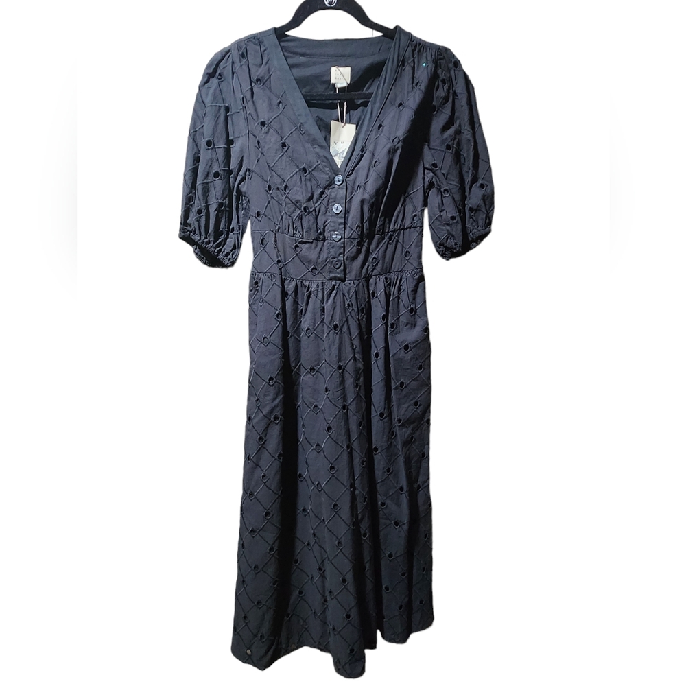 A New Day NWT Womens Short Puff Sleeve V-Neck Eyelet Midi Dress Black Size XS